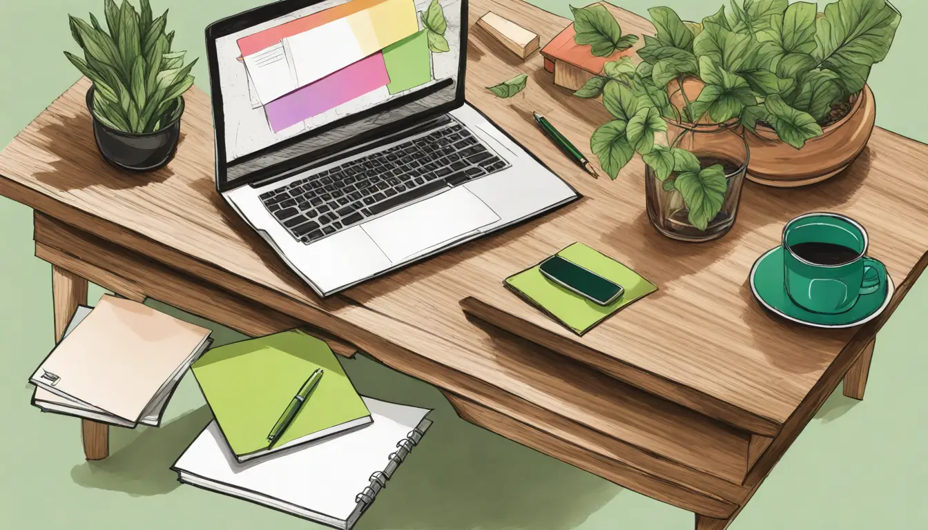 Uma visão aérea de uma mesa de trabalho organizada com um laptop, caderno, café e planta, simbolizando a consultoria Notion na otimização de objetivos de Ano Novo.
