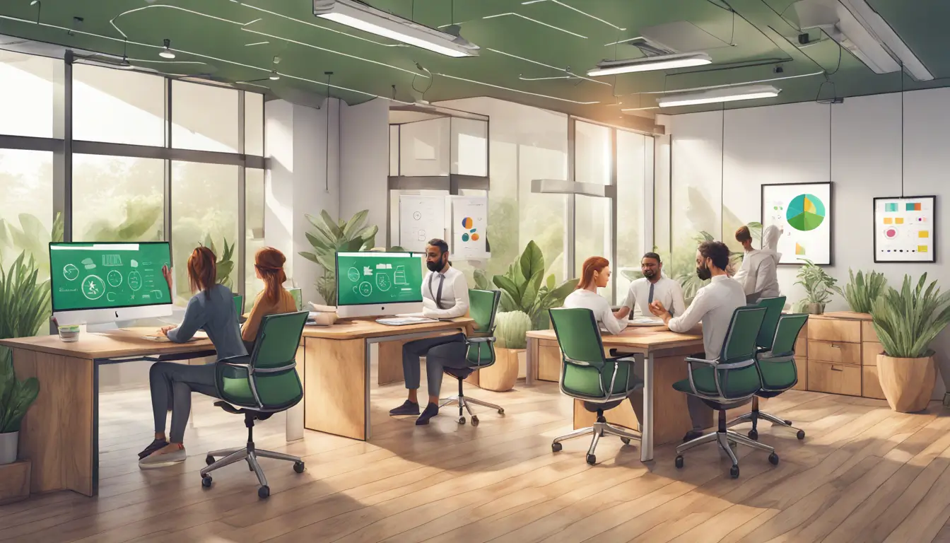 Equipe diversificada treinando com Notion em um escritório moderno, laptops com gráficos abertos e o logo do Notion ao fundo, iluminação natural e plantas verdes.