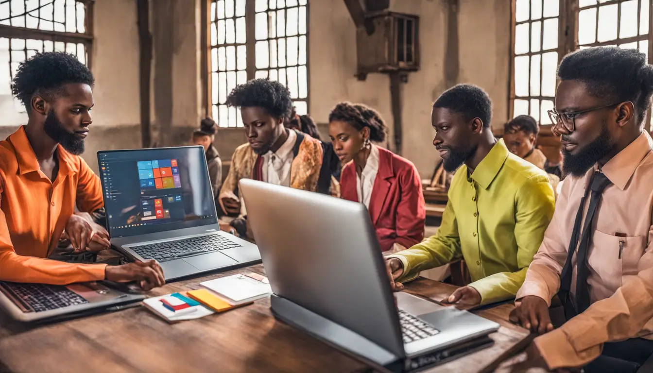 Líderes em treinamento utilizando o Notion para melhorar resultados, representados em uma cena de reunião com laptops e materiais de organização.