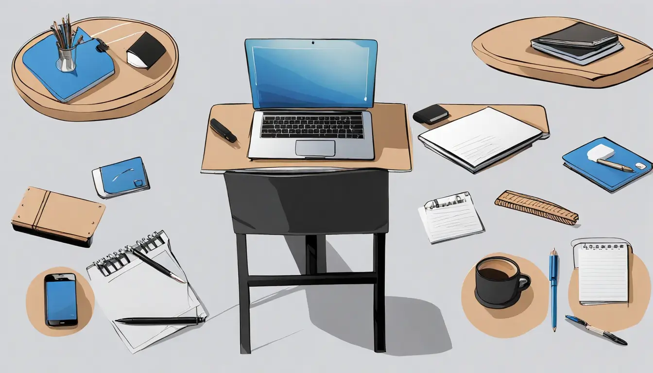 Mesa de escritório com laptop, caderno, copo de café e luminária, além de um calendário organizador na parede ao fundo, representando produtividade.