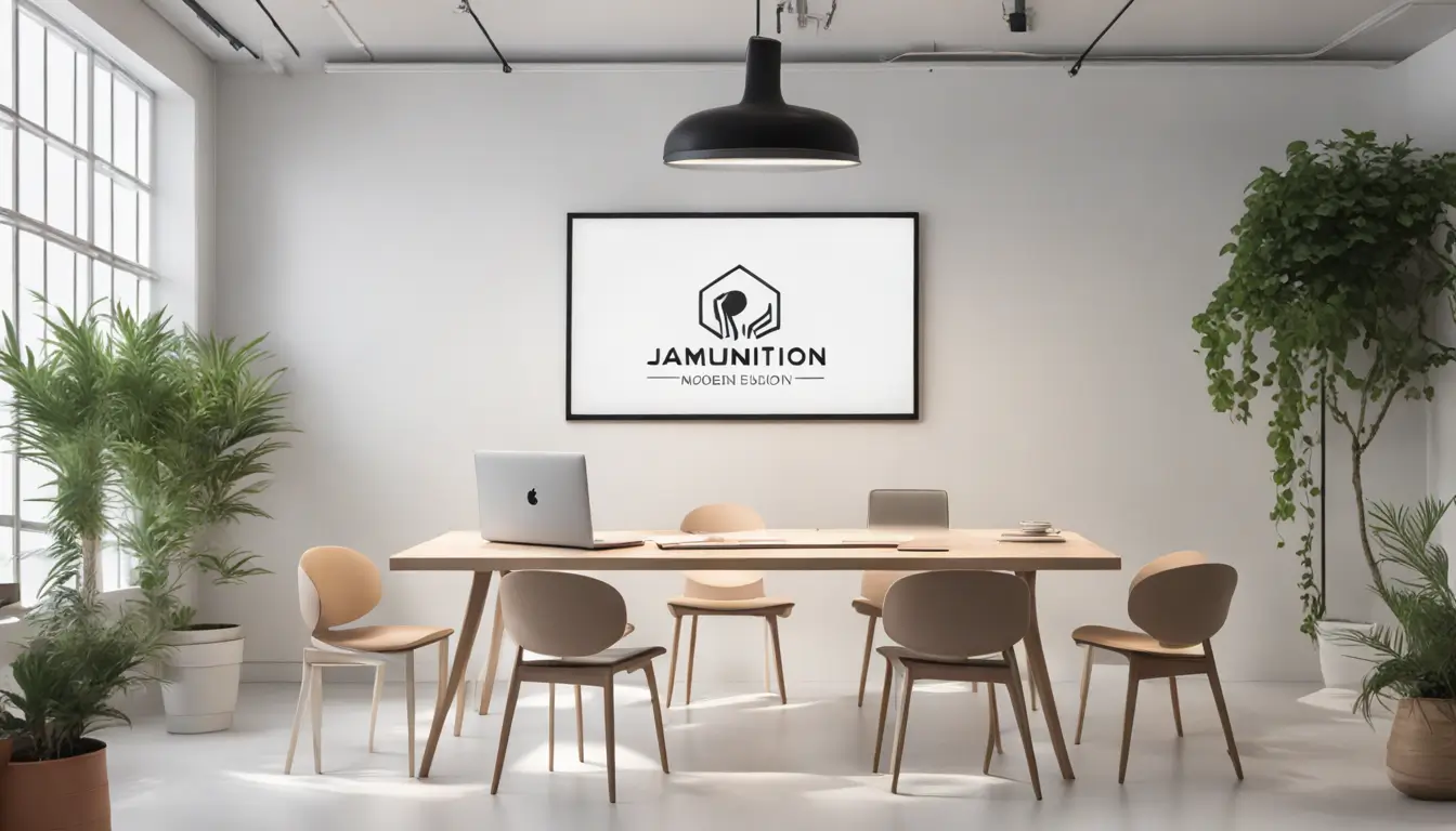 Equipe de cinco pessoas usando laptops com logo do Notion em uma sala de reunião moderna para treinamento e capacitação de equipes.