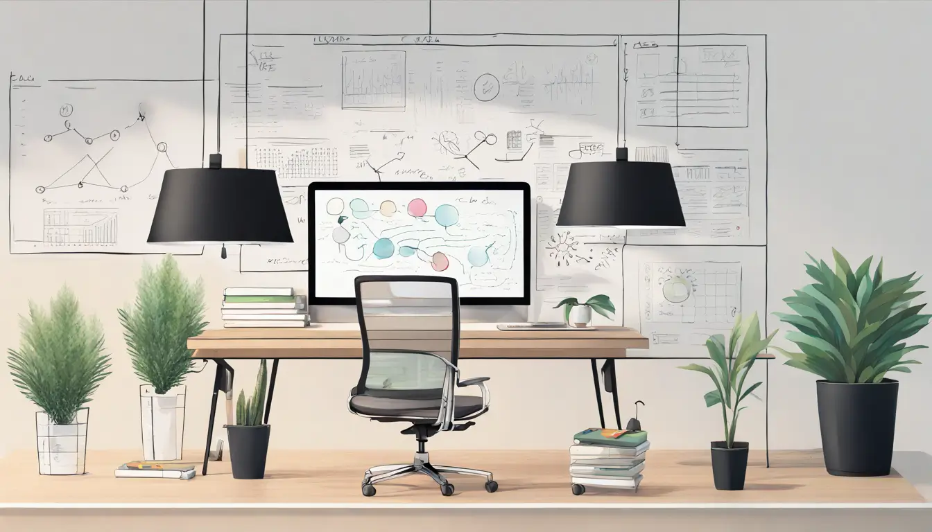 Escritório moderno com quadro branco em vidro e fluxogramas, laptop com logo do Notion, livros sobre método Lean e planta decorativa.