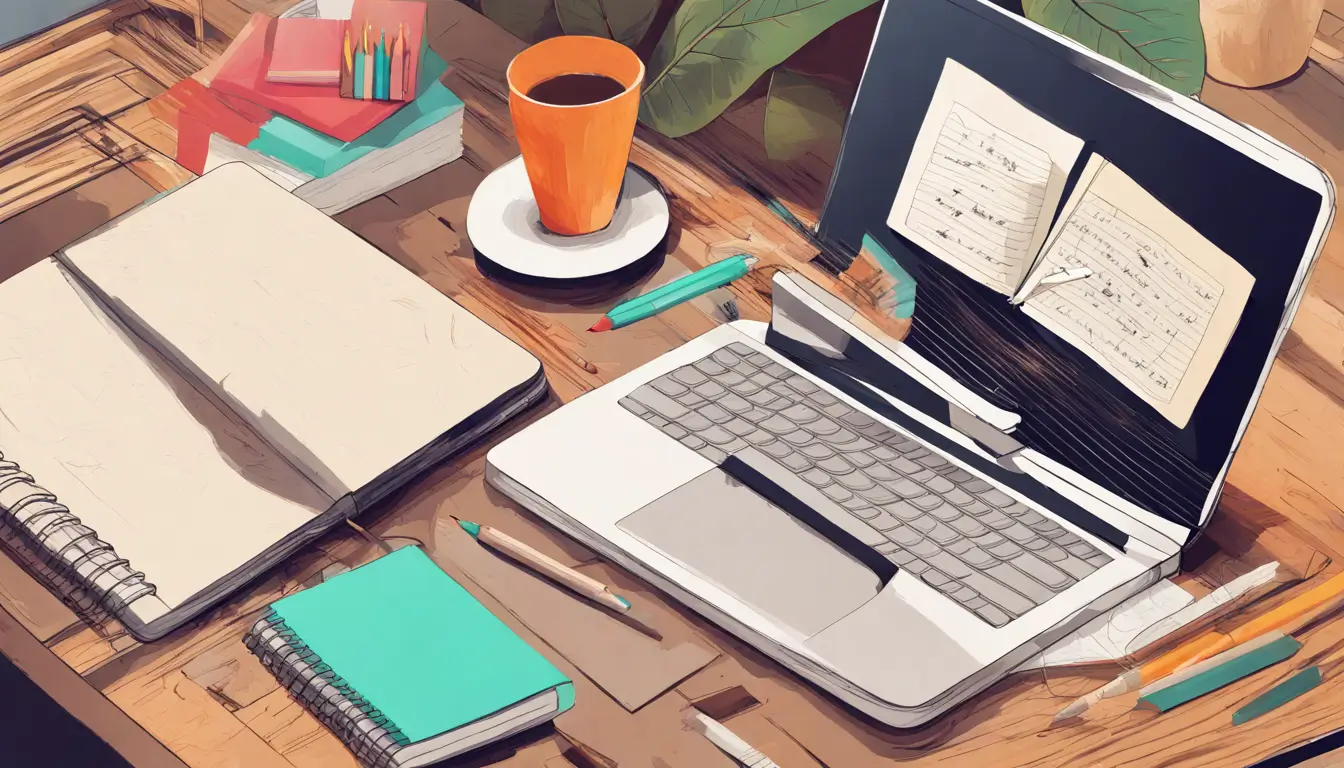 Imagem de um notebook exibindo a interface do Notion com vários templates, com uma xícara de café e um bloco de notas ao lado, simbolizando dicas de como ganhar dinheiro com Notion.