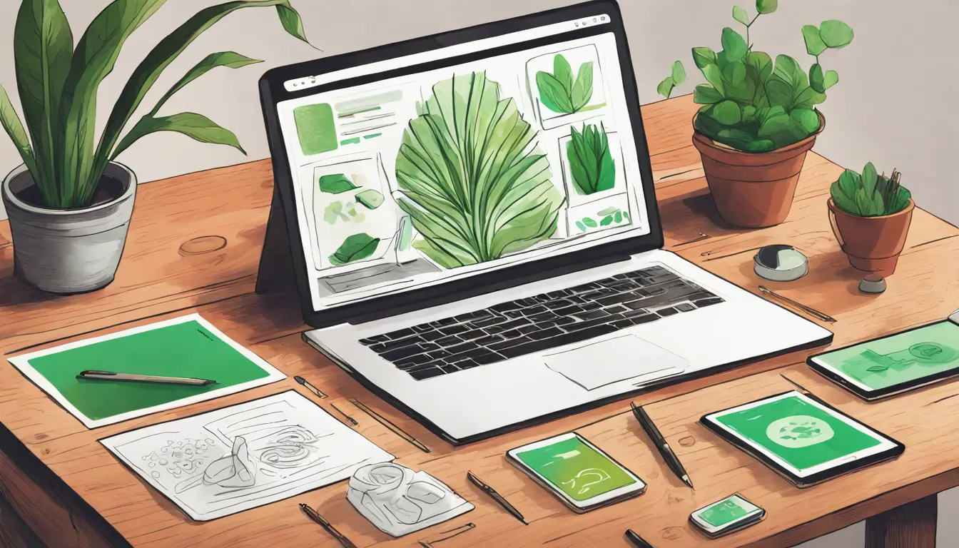 Imagem de um laptop aberto exibindo templates especializados no Notion, com dispositivos digitais e planta, representando a expansão de portfólio digital.
