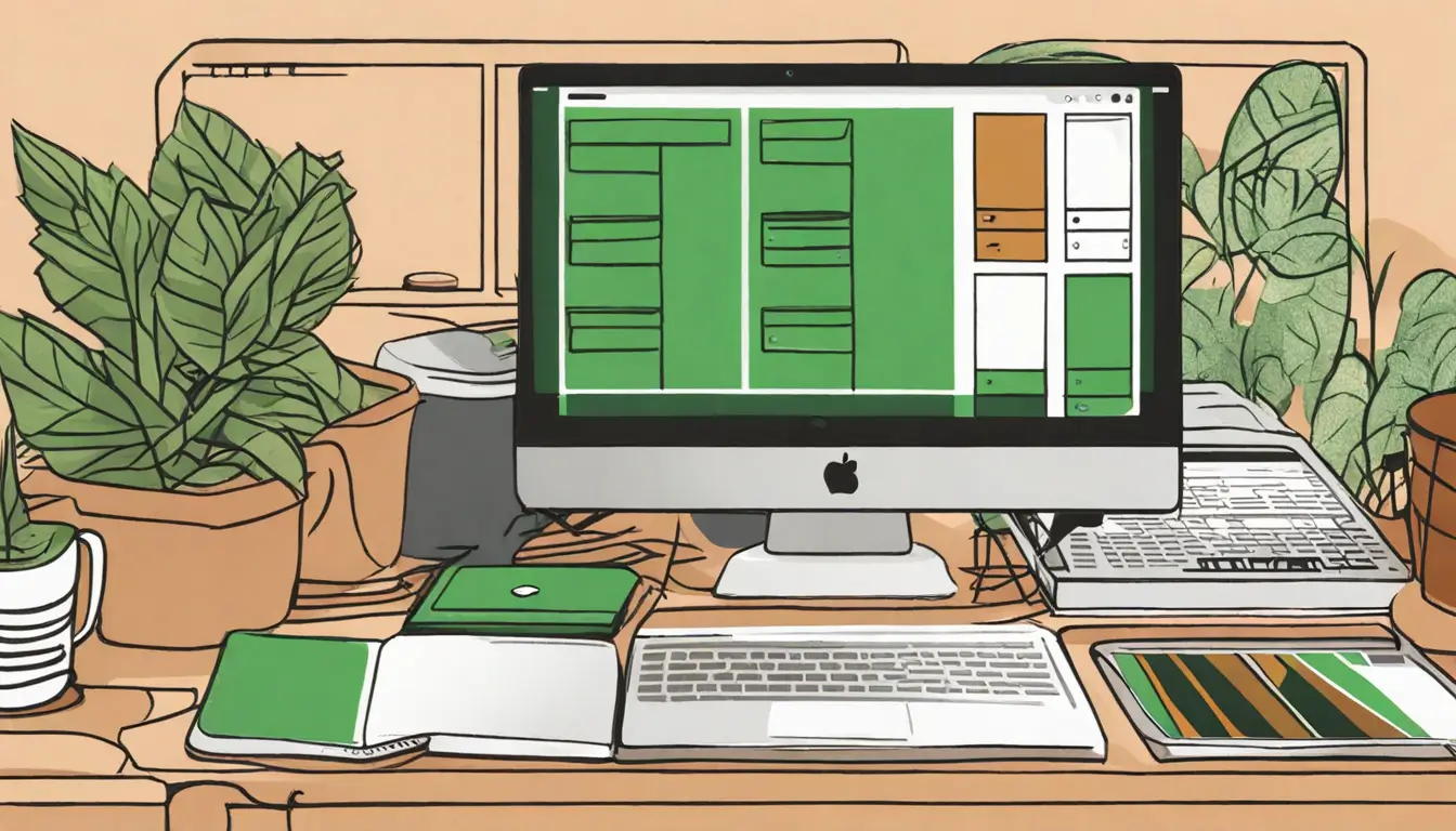 Computador portátil aberto com gráficos coloridos na tela do Notion, xícara de café e caderno com anotações ao lado, planta verde ao fundo