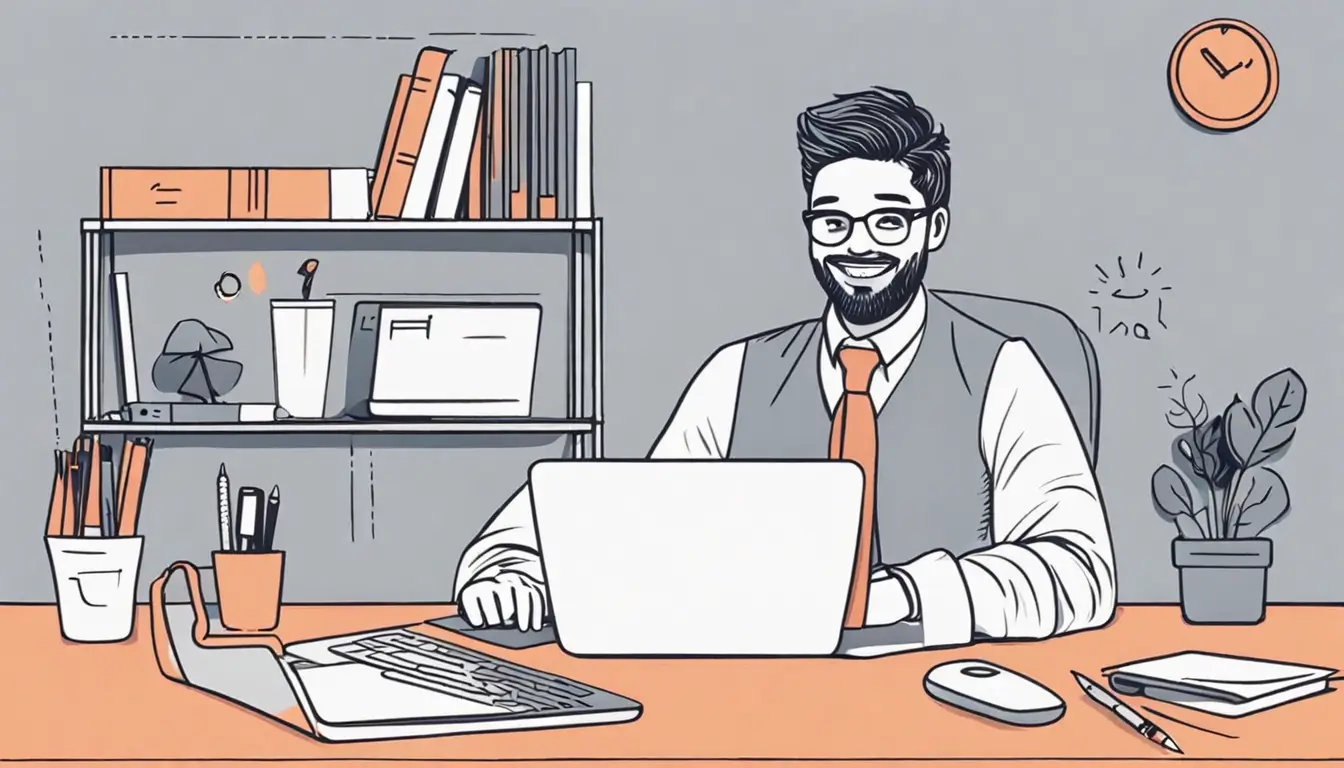 Consultor usando o Notion para alcançar resultados extraordinários, trabalhando em um laptop com gráficos e ícones do Notion em um escritório moderno.