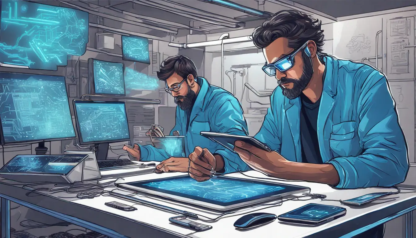 Alquimista digital utilizando tecnologia moderna para transformar negócios, em um ambiente futurista com computadores, tablets e hologramas.