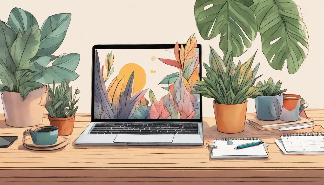 Laptop aberto com tela do Notion exibindo seções personalizadas, em uma mesa de madeira clara, com prateleiras e plantas ao fundo.