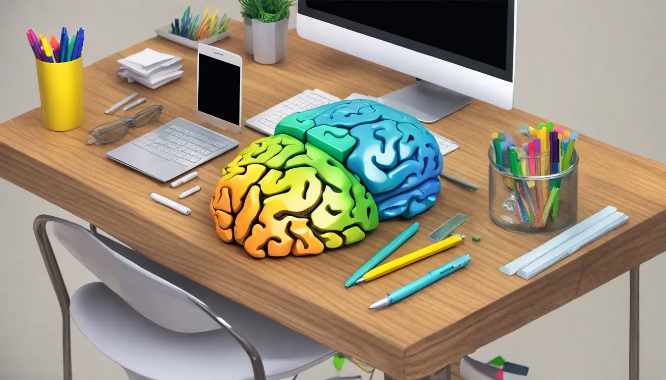 Organizador de mesa em forma de cérebro humano com suprimentos de escritório coloridos, ao lado de um laptop prateado mostrando um app de produtividade.