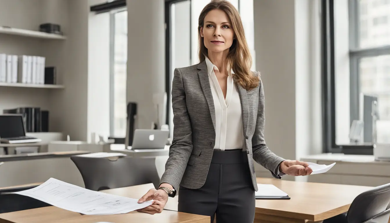 Mulher de negócios em escritório luxuoso recusando educadamente um pedido de desconto, com visão da cidade ao fundo.