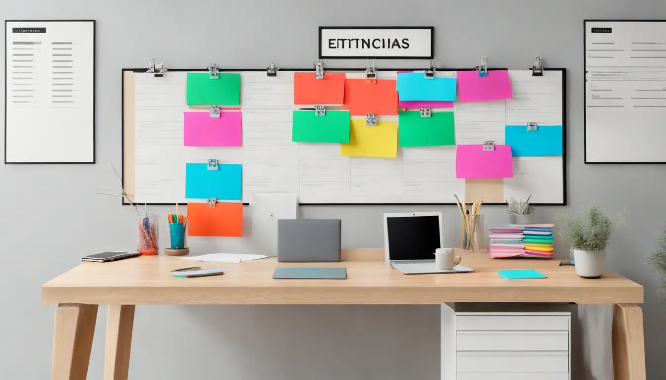 Imagem para post de blog mostrando um quadro Kanban físico e um notebook com Notion, simbolizando organização e planejamento de projetos.