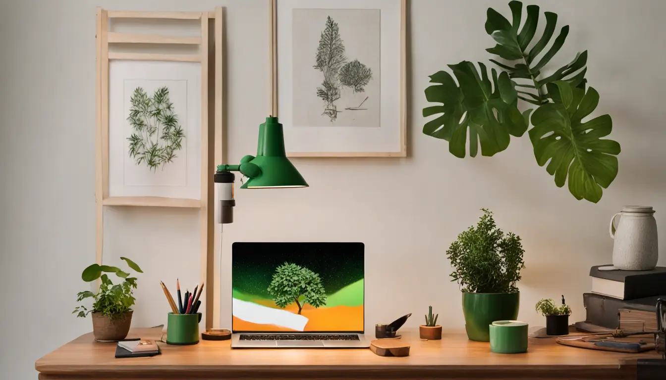 Imagem de um home office com laptop exibindo gráficos de crescimento, cadernos e planta, representando a utilização do Notion para geração de renda.