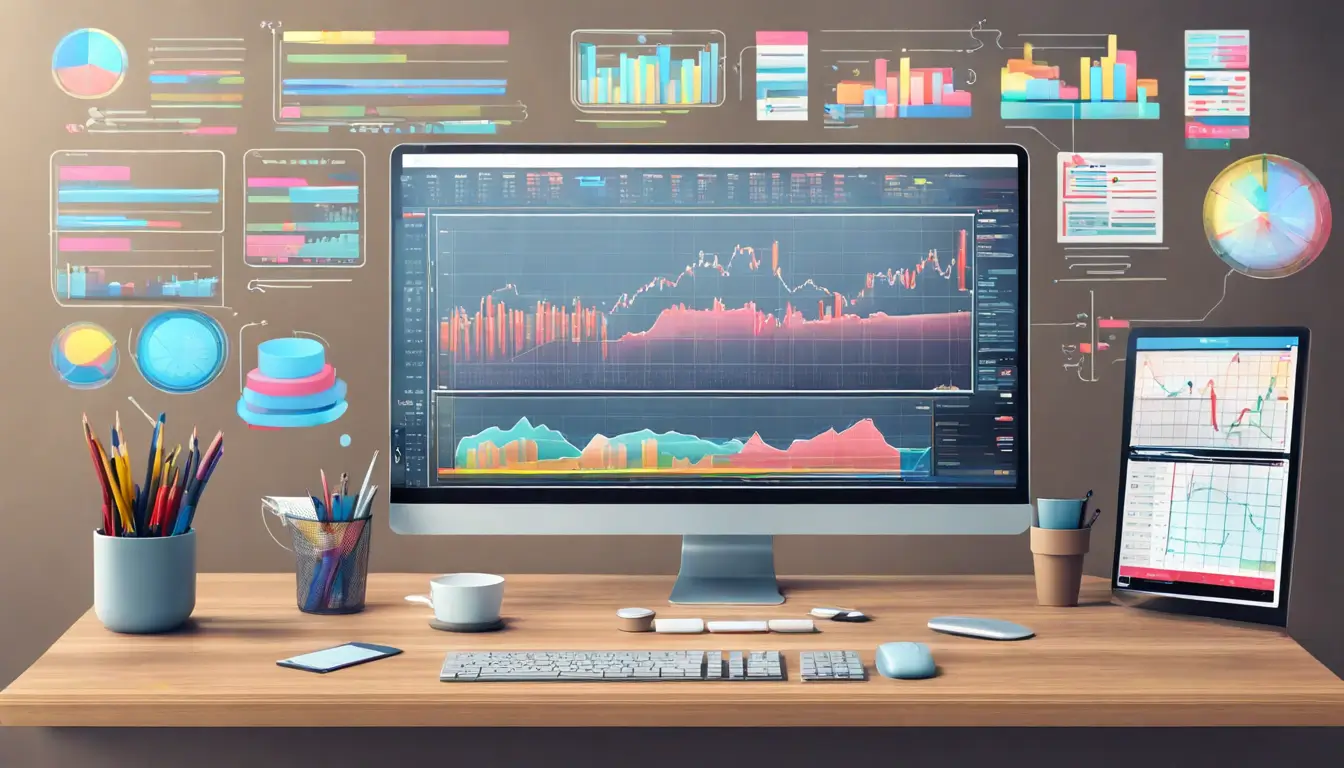 Painel financeiro detalhado no Notion exibido em uma tela transparente com gráficos coloridos, ícones monetários e acessórios de escritório elegantes.