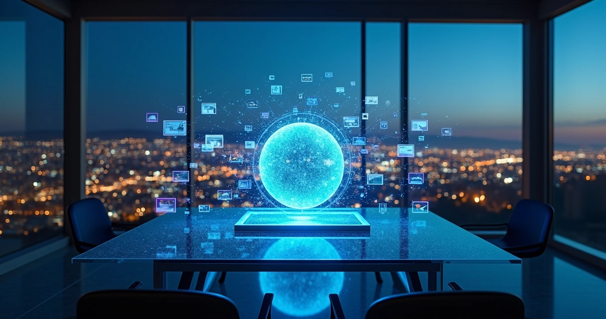 Agente virtual de IA navegando pela web em ambiente futurista