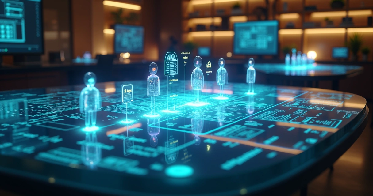 Interface de Notion com agentes de IA como avatares colaborando em painel digital