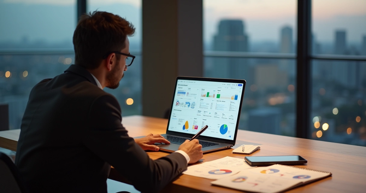 Gestor analisando dashboards de processos empresariais no Notion em notebook moderno