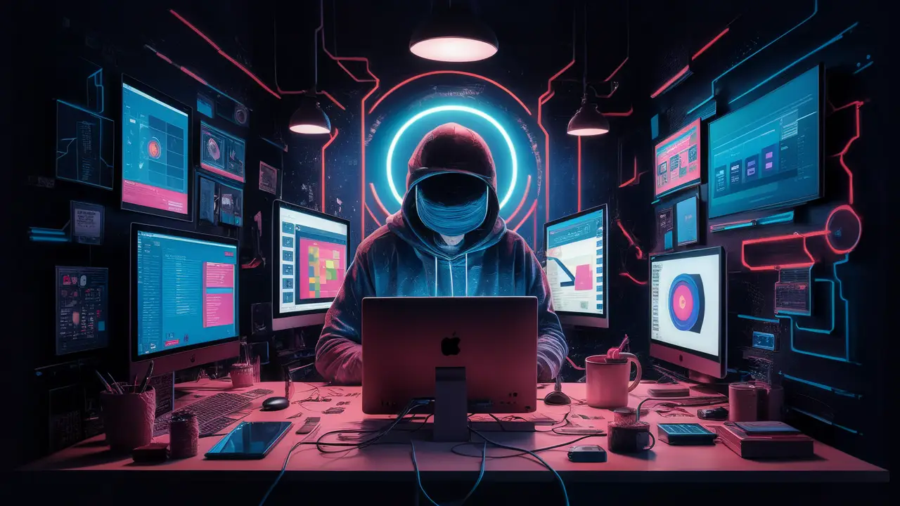 Alquimista digital trabalhando com telas e dispositivos em ambiente iluminado por luzes neon azuis e roxas.