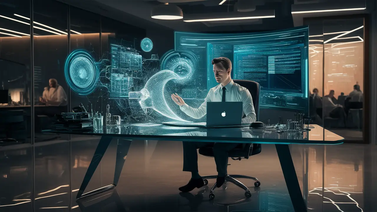 Alquimista digital em escritório moderno com laptop e interfaces holográficas brilhantes.