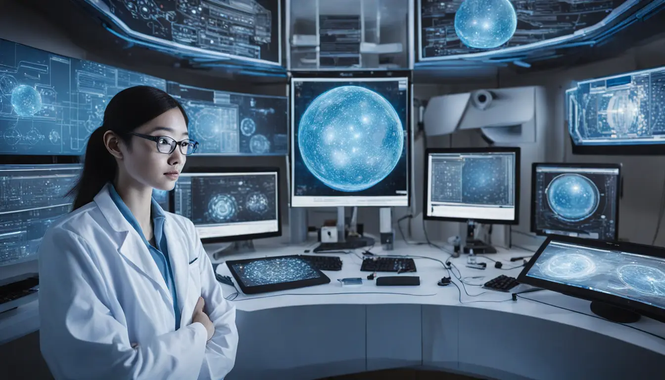 Alquimista digital segurando uma esfera de energia azul em laboratório futurista com telas holográficas e engrenagens metálicas.