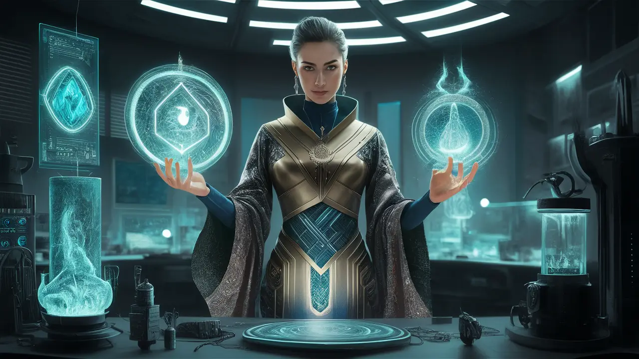 Alquimista digital em laboratório futurista com telas holográficas e símbolos místicos.