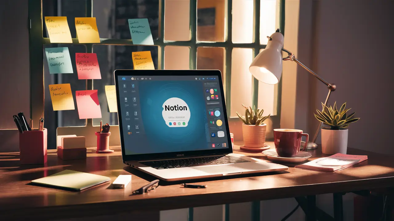 Ambiente de trabalho moderno com mesa de madeira e laptop aberto exibindo interface do Notion, com notas, planta e caneca.