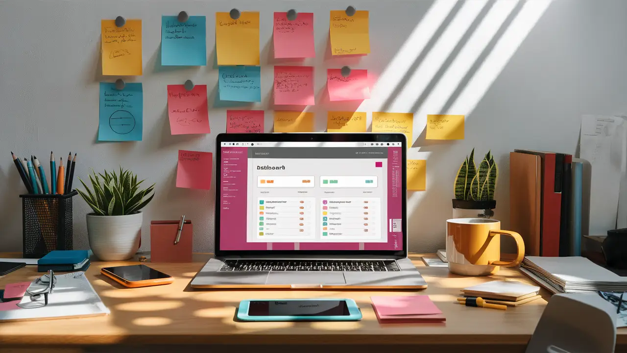 Ambiente de trabalho moderno com laptop exibindo template do Notion, notas coloridas, planta, caneca e smartphone.