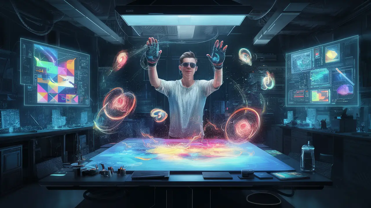 Artista digital em laboratório futurista usando luvas de realidade aumentada para pintar em tela holográfica.