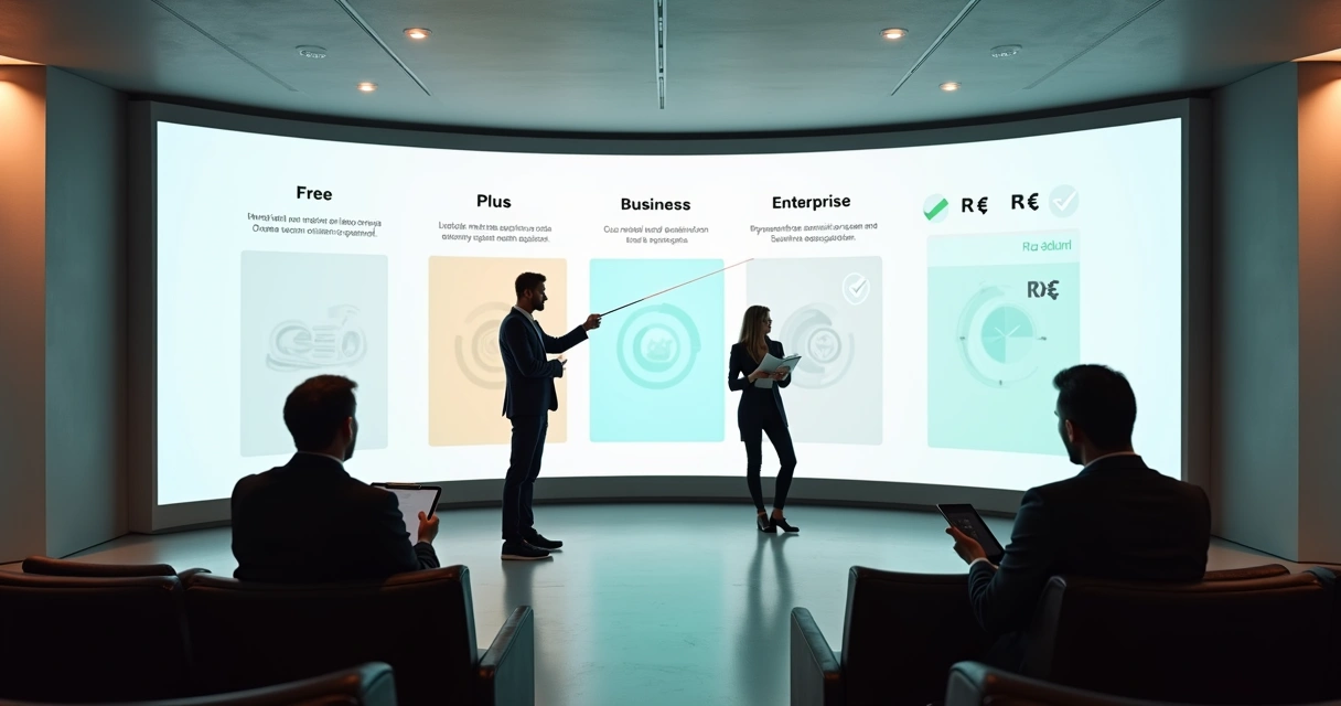 Profissionais brasileiros observam painel digital gigante com planos do Notion