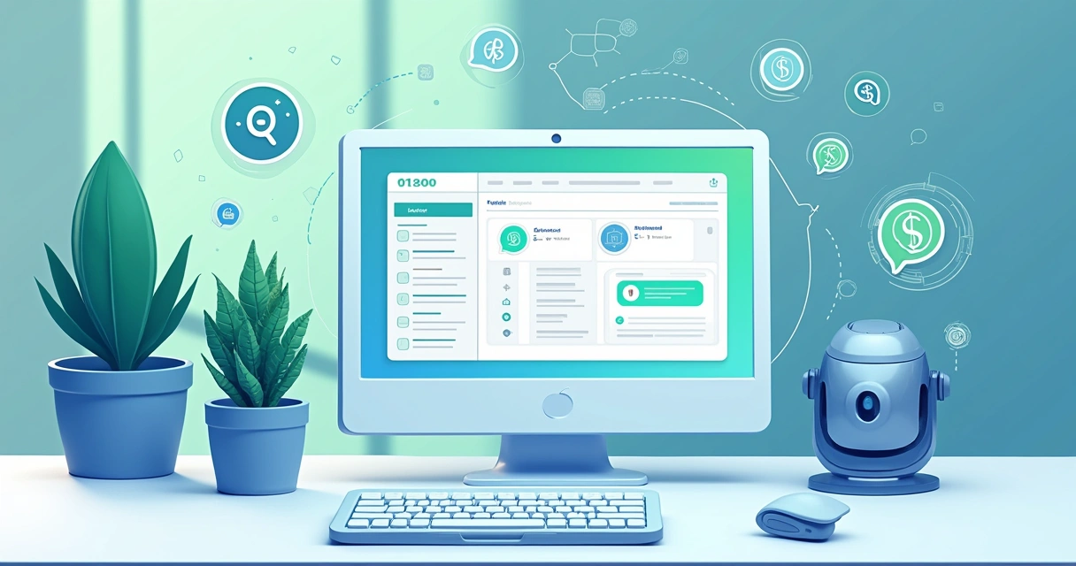 Interface do Notion com automação financeira via WhatsApp exibida na tela de computador, com notificações digitais ao redor e ícones de inteligência artificial
