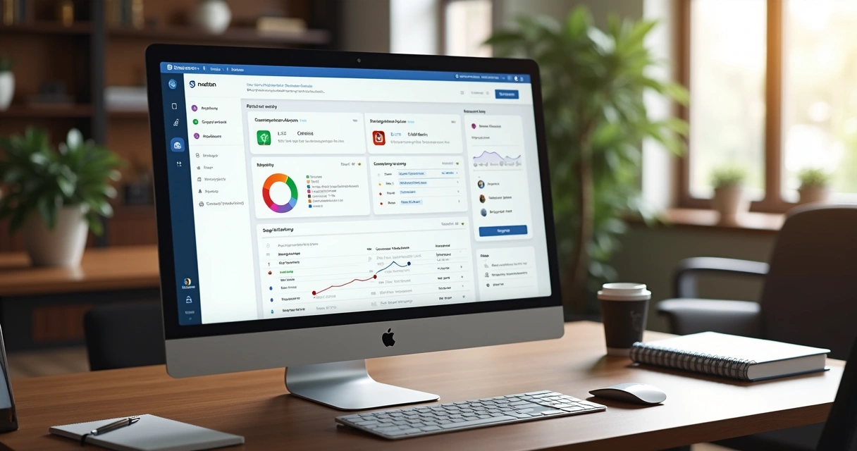 Tela de computador exibindo sistema de onboarding automatizado no Notion, com gráficos e fluxos organizados em interface moderna e elegante
