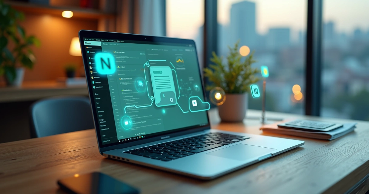 Tela de Notion em notebook conectada a ícones de automação e nota fiscal em estilo realista