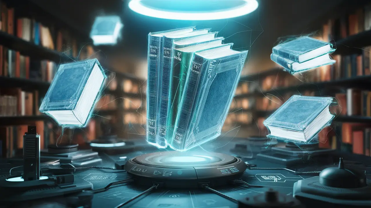 Biblioteca futurista com livros holográficos flutuando e dispositivos tecnológicos sob luz azul suave.