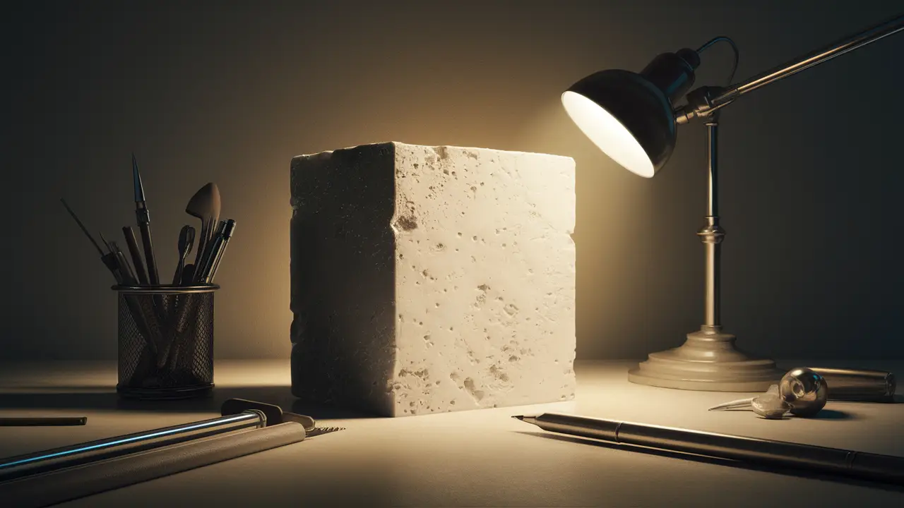 Bloco de mármore branco com ferramentas de escultor ao redor e luz suave à direita.