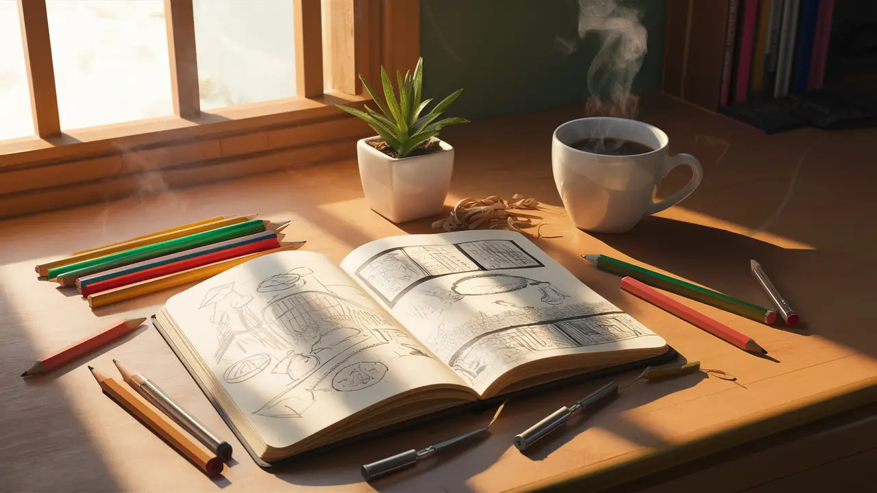 Sketchbook aberto em uma mesa de madeira com lápis coloridos, xícara de café e planta com luz solar entrando pela janela.