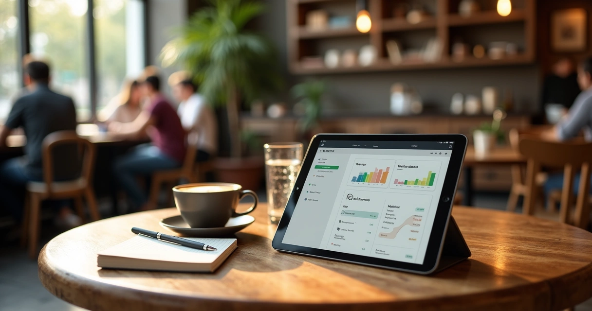 Mesa de café da manhã com caderno digital exibindo rotina e metas
