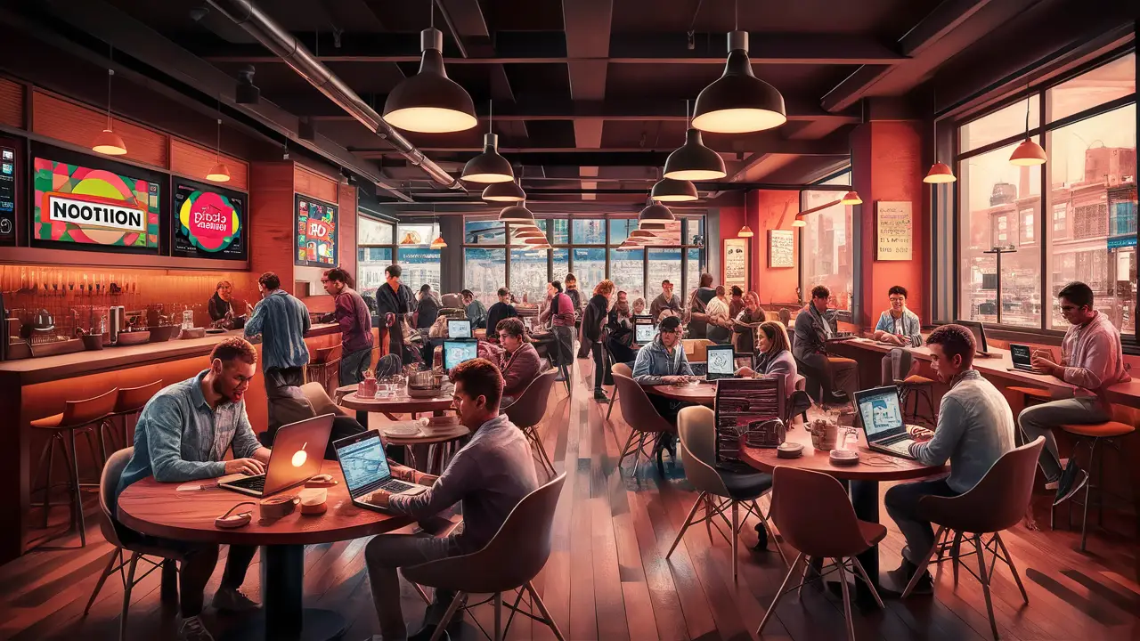 Interior de café movimentado com clientes usando laptops e logotipos do Notion nas telas.