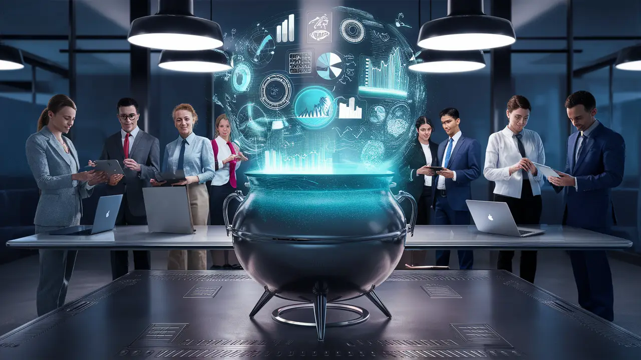 Caldeirão digital holográfico em escritório moderno com profissionais interagindo com símbolos flutuantes.