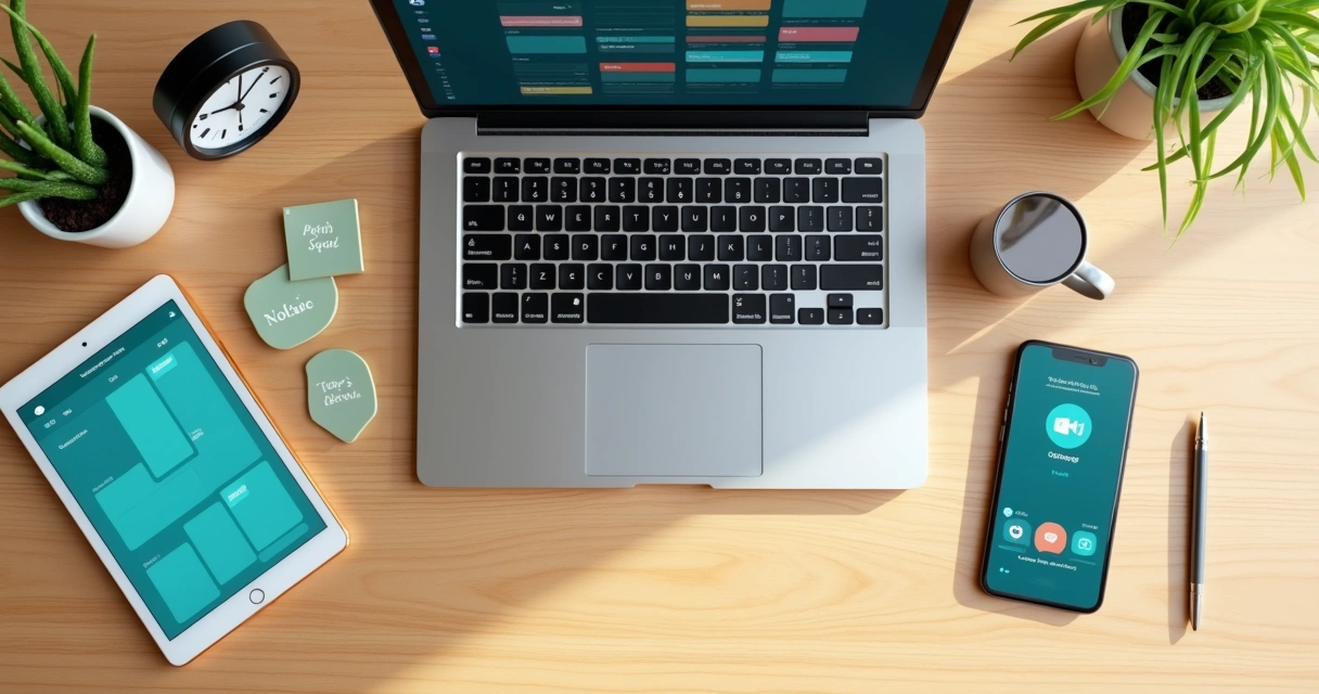 Visão superior de mesa clara com calendário digital e anotações organizadas