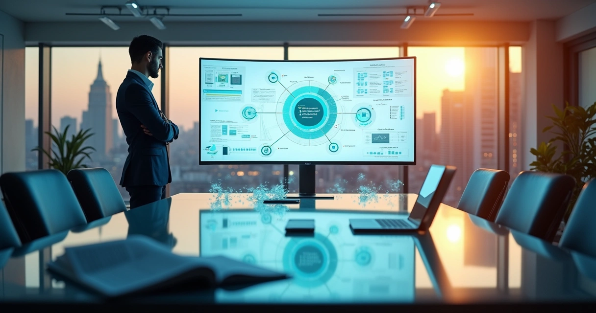 Gestor observando painel digital com processos empresariais centralizados em um único sistema