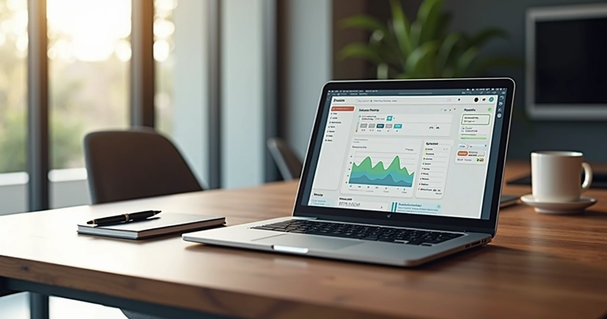 Mesa elegante com laptop aberto mostrando dashboard do Notion organizando projetos pessoais e profissionais, caderno e caneta ao lado em ambiente moderno e sofisticado