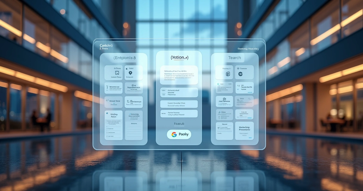 Painel corporativo futurista flutuando exibindo grids de recursos e preços de Notion AI