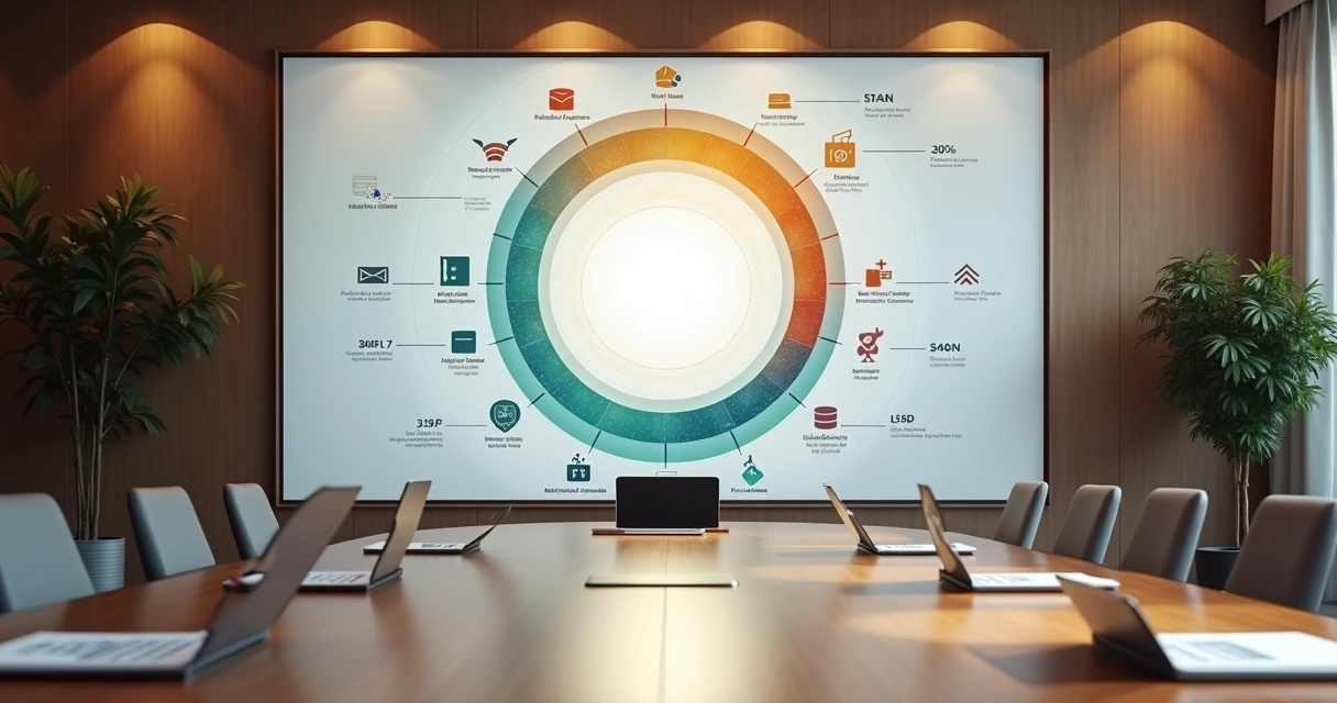 Mural estratégico circular com fluxos de processos empresariais convergindo para um único centro