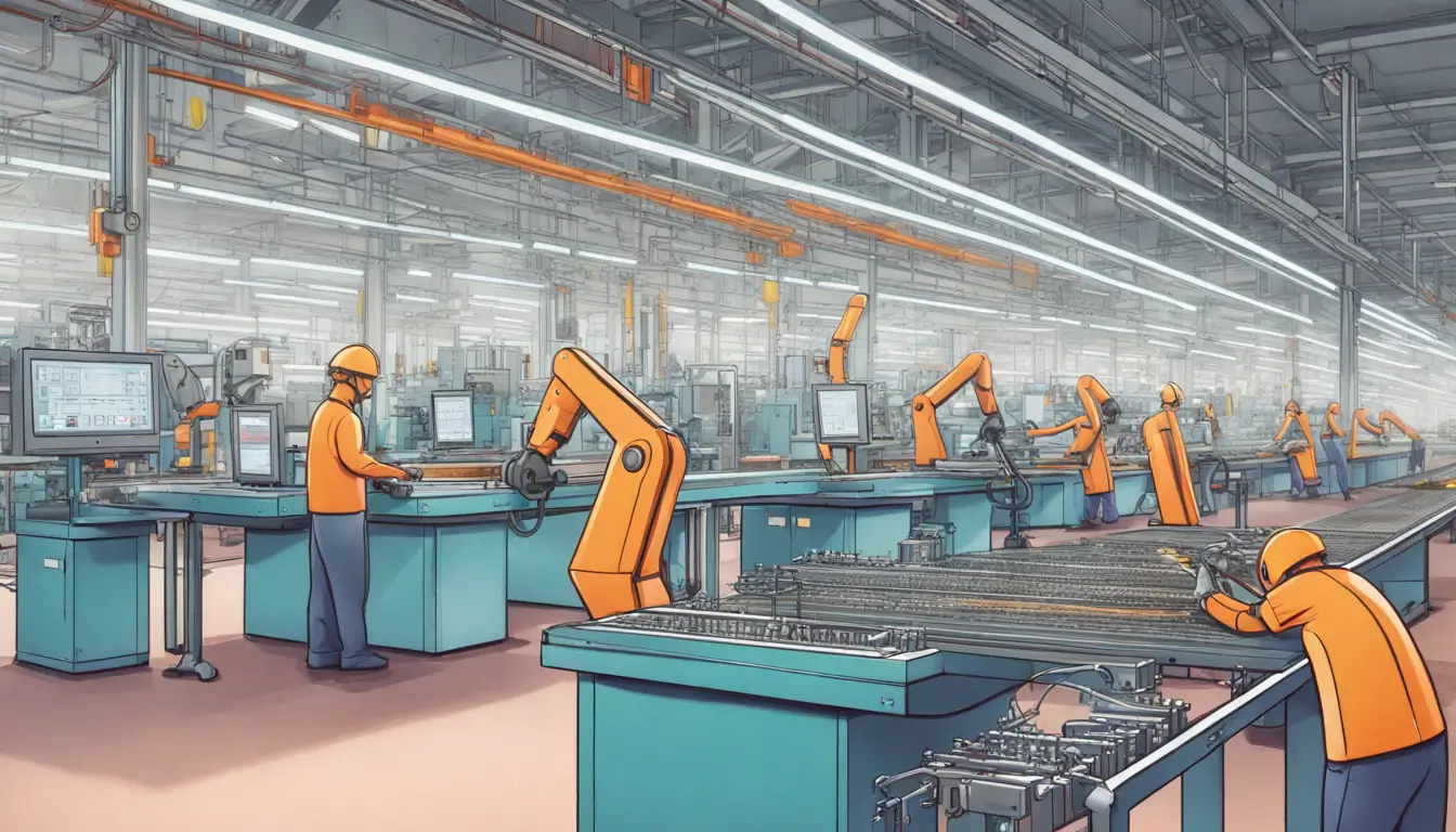 Diferenças e similaridades entre produtividade e eficiência ilustradas por linhas de montagem com trabalhadores e robôs em uma fábrica moderna.