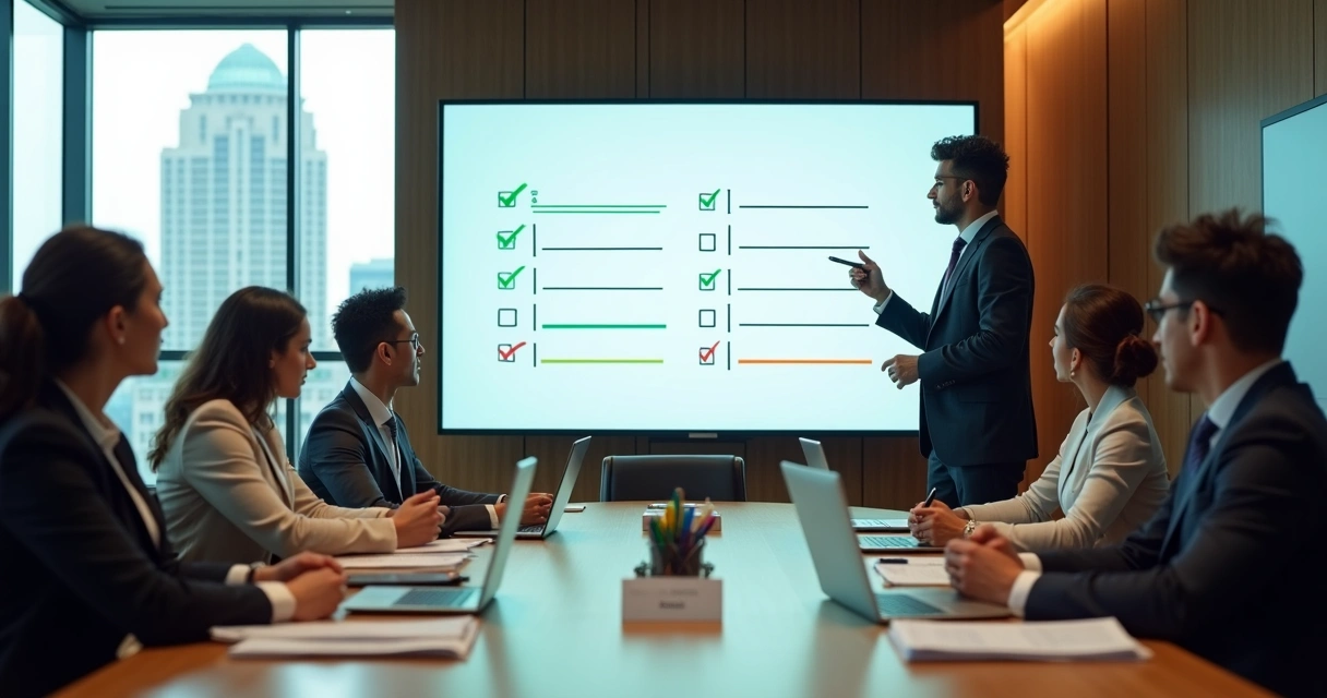 Facilitador mostrando um checklist gigante em reunião de equipe ágil