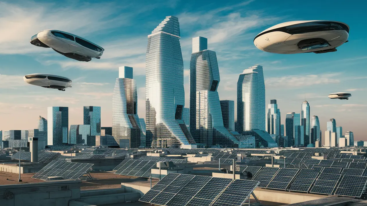 Arranha-céus futuristas com fachadas de vidro e veículos voadores autônomos sob céu azul claro.