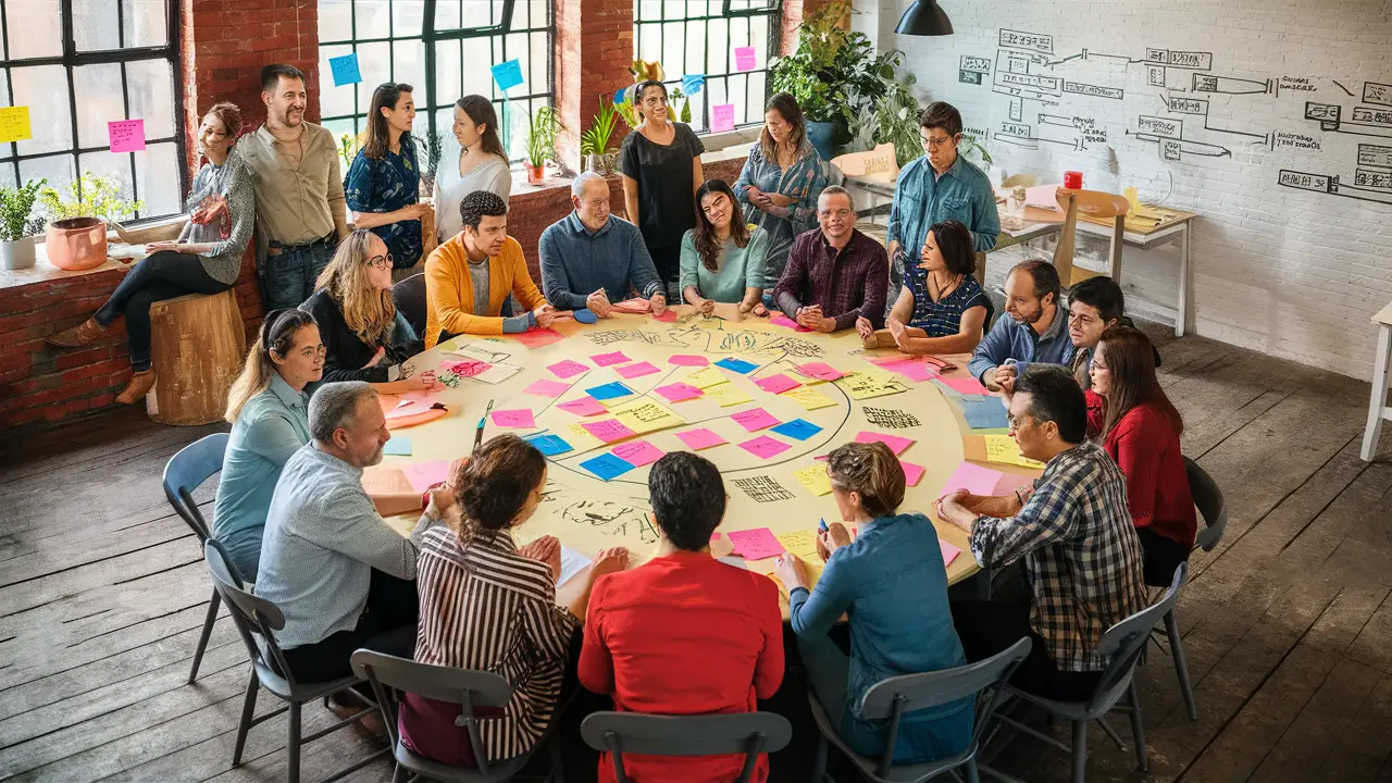 Pessoas de diferentes idades colaboram em torno de uma mesa circular com notas adesivas coloridas em um estúdio criativo.