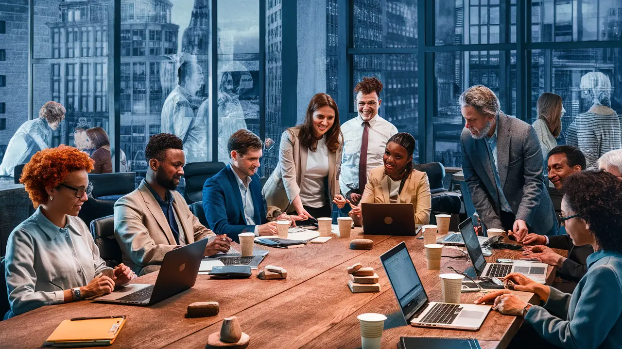 Pessoas diversas colaborando em torno de uma mesa de madeira com laptops e xícaras de café em um escritório moderno.