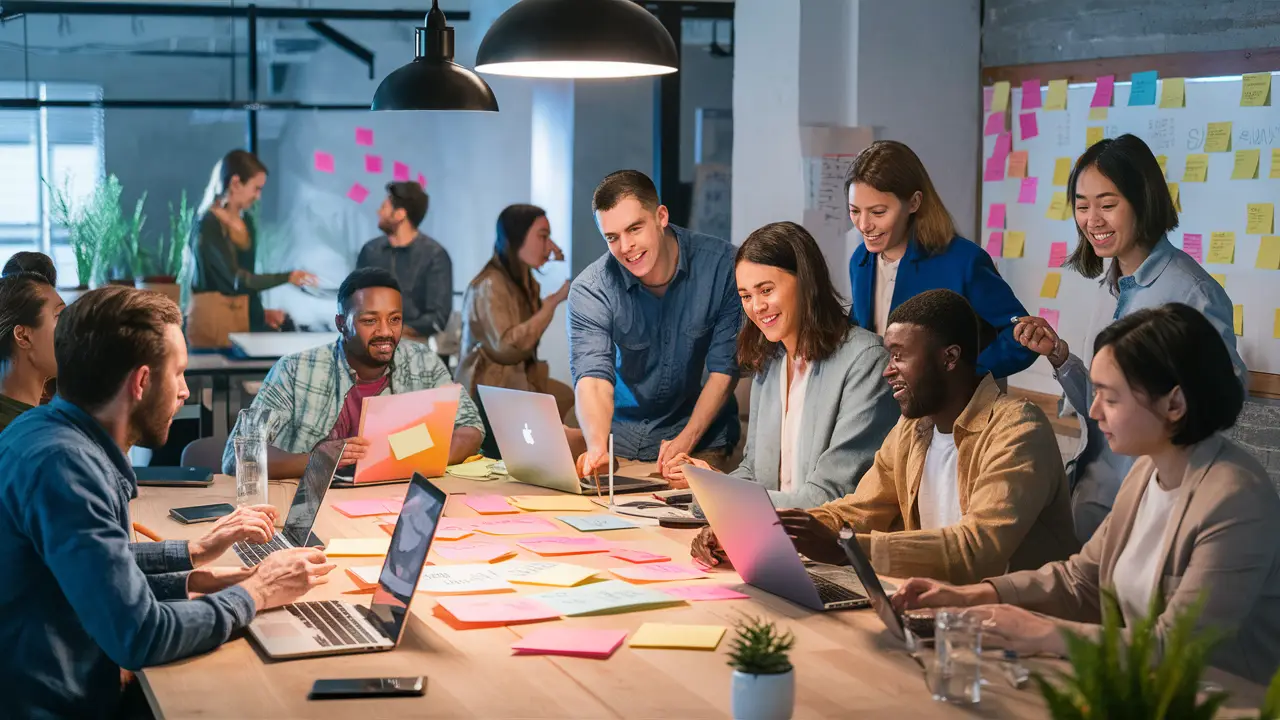 Pessoas de várias etnias colaborando ao redor de uma mesa com laptops e quadro branco em um escritório moderno.