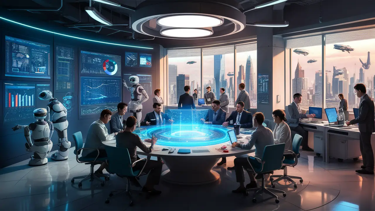 Grupo de pessoas colaborando em mesa holográfica com robôs assistindo, telas digitais e cidade futurista ao fundo.