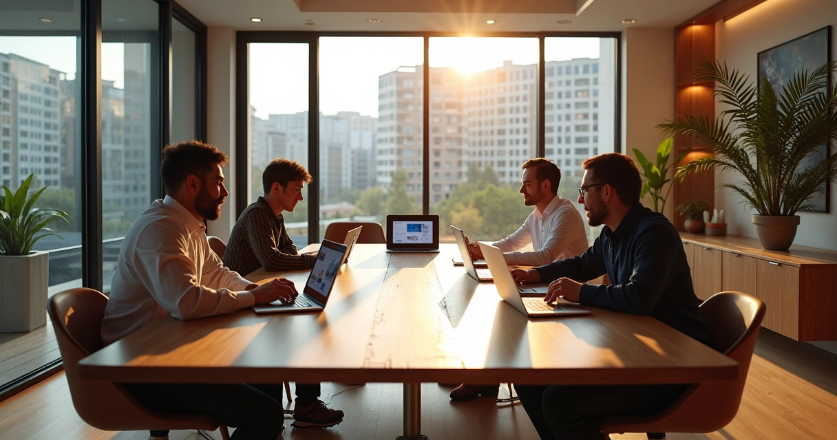 Grupo de arquitetos reunidos em escritório moderno colaborando com laptops e tablets, ambiente elegante com iluminação natural e móveis sofisticados